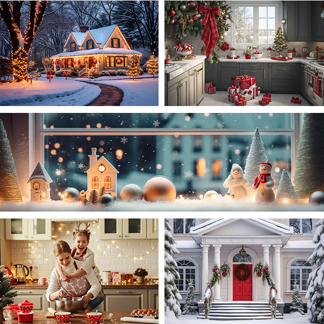 Collage including a outside view of a home light up with christmas lights, a nicely decorated kitchen with christmas tree and gifts, and beautiful window seal decorated with snowman & snowwoman, ornaments, and lights.