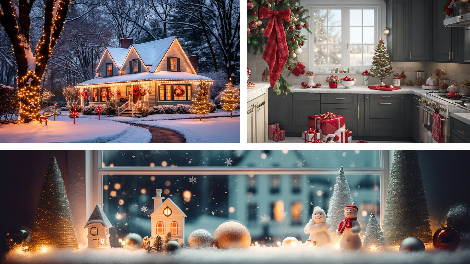 Collage including a outside view of a home light up with christmas lights, a nicely decorated kitchen with christmas tree and gifts, and beautiful window seal decorated with snowman & snowwoman, ornaments, and lights.